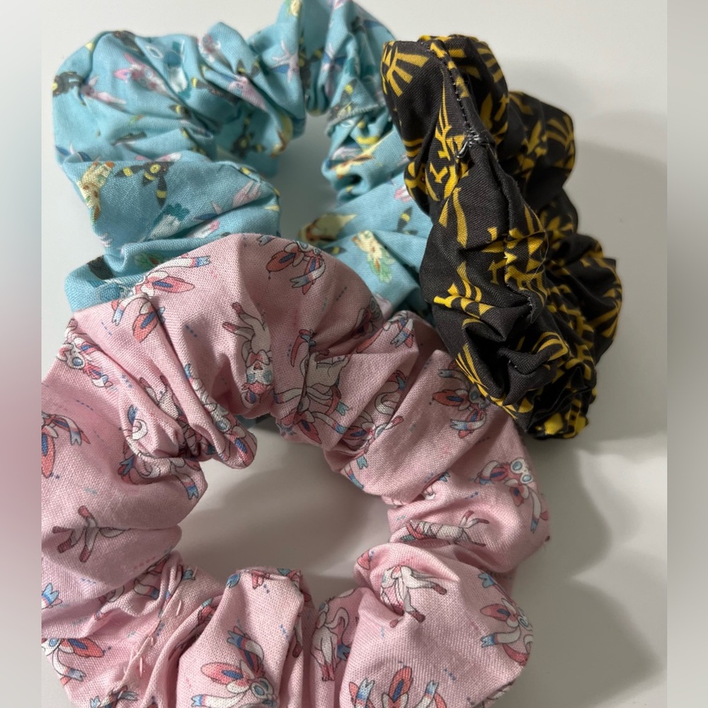 3 Handmade Scrunchies Hair Tie Eevee Pikachu Pokemon Sylveon Triforce Anime Geek